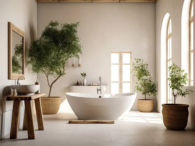 Helles Designbad mit freistehender Badewanne