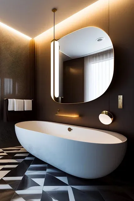 Modernes Bad mit freistehender Wanne und beleuchtetem Spiegel